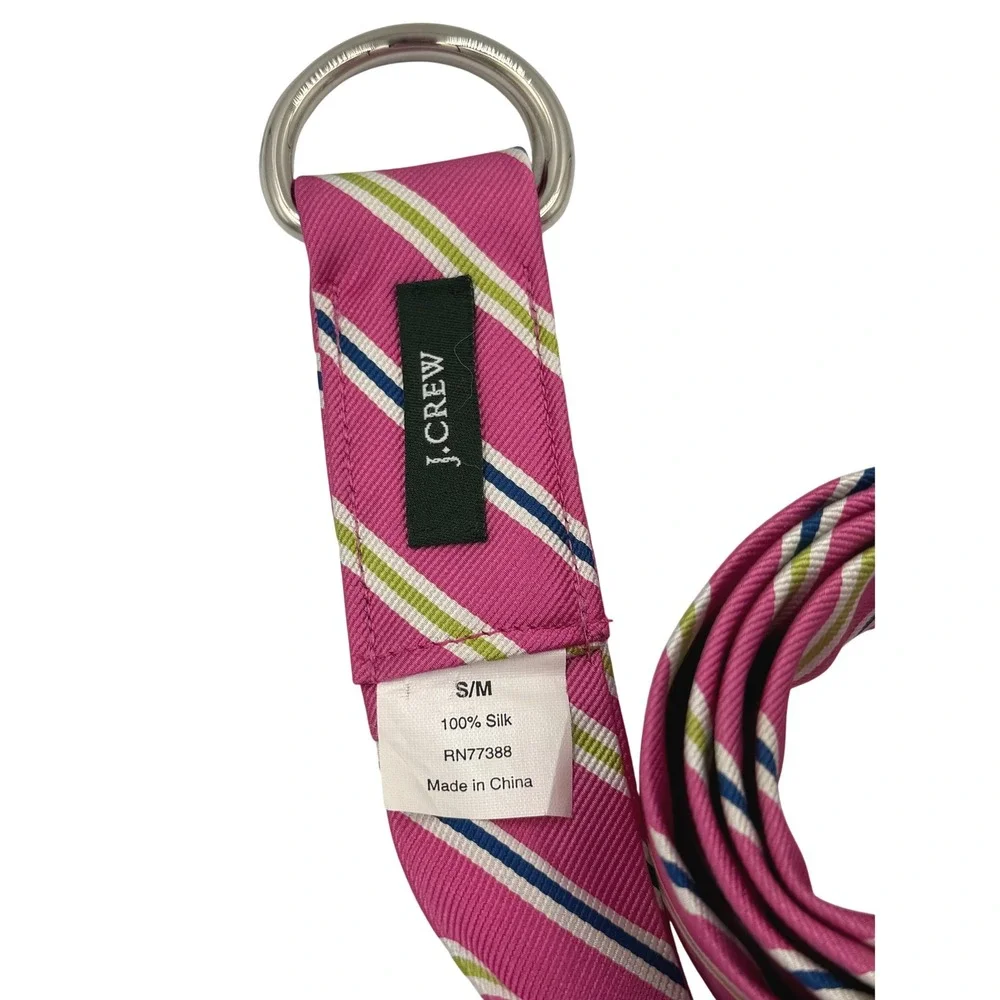 J.Crew Pink Striped 100% Silk D-Ring Belt Silver Hardware Womens S/M Preppy